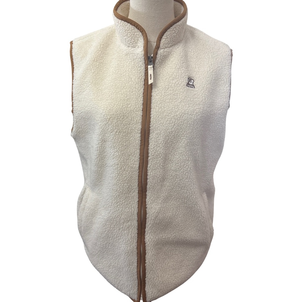 Nepa White Fleece Vest with Brown Trim - size Large Youth